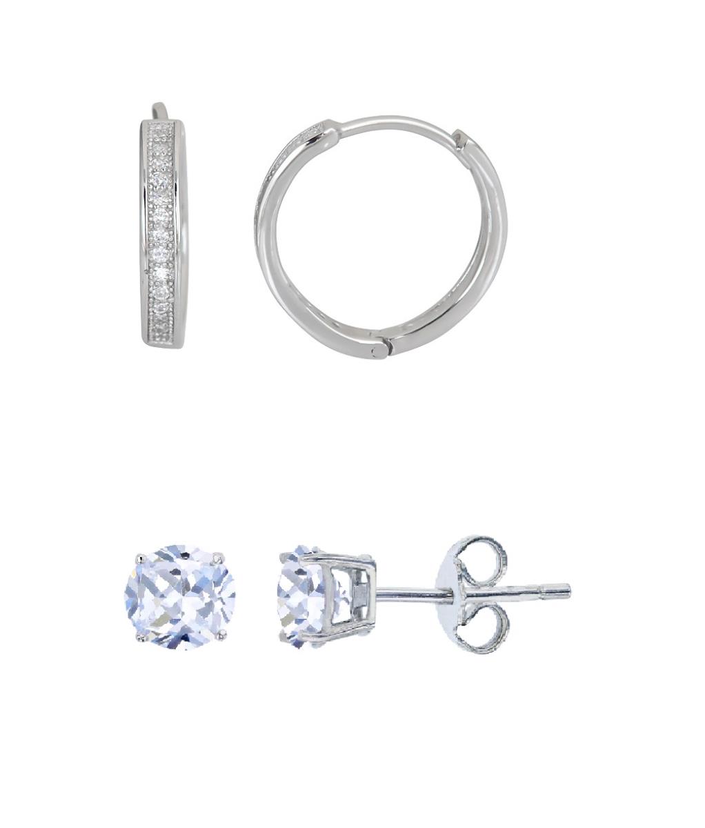 Sterling Silver Micropave Huggies & 8.00mm AAA Round Solitaire Stud Earring Set