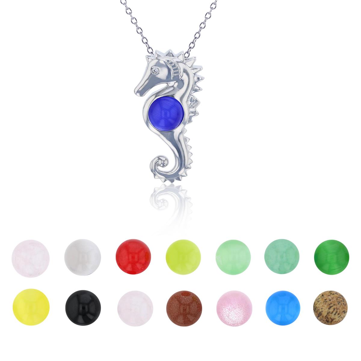 Sterling Silver Rhodium 14 Color Interchangeable Semi-Precious Gem Seahorse 13"+2" Necklace