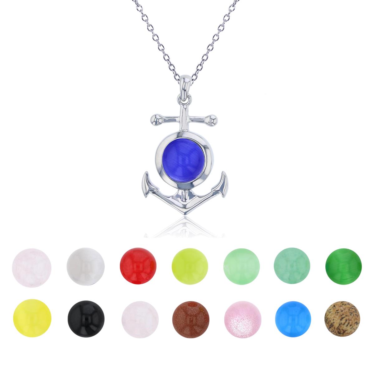 Sterling Silver Rhodium 14 Color Interchangeable Semi-Precious Gem Anchor 13"+2" Necklace