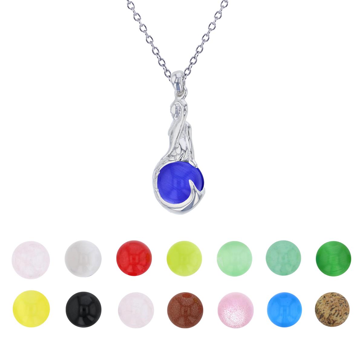 Sterling Silver Rhodium 14 Color Interchangeable Semi-Precious Gem Mermaid 13"+2" Necklace