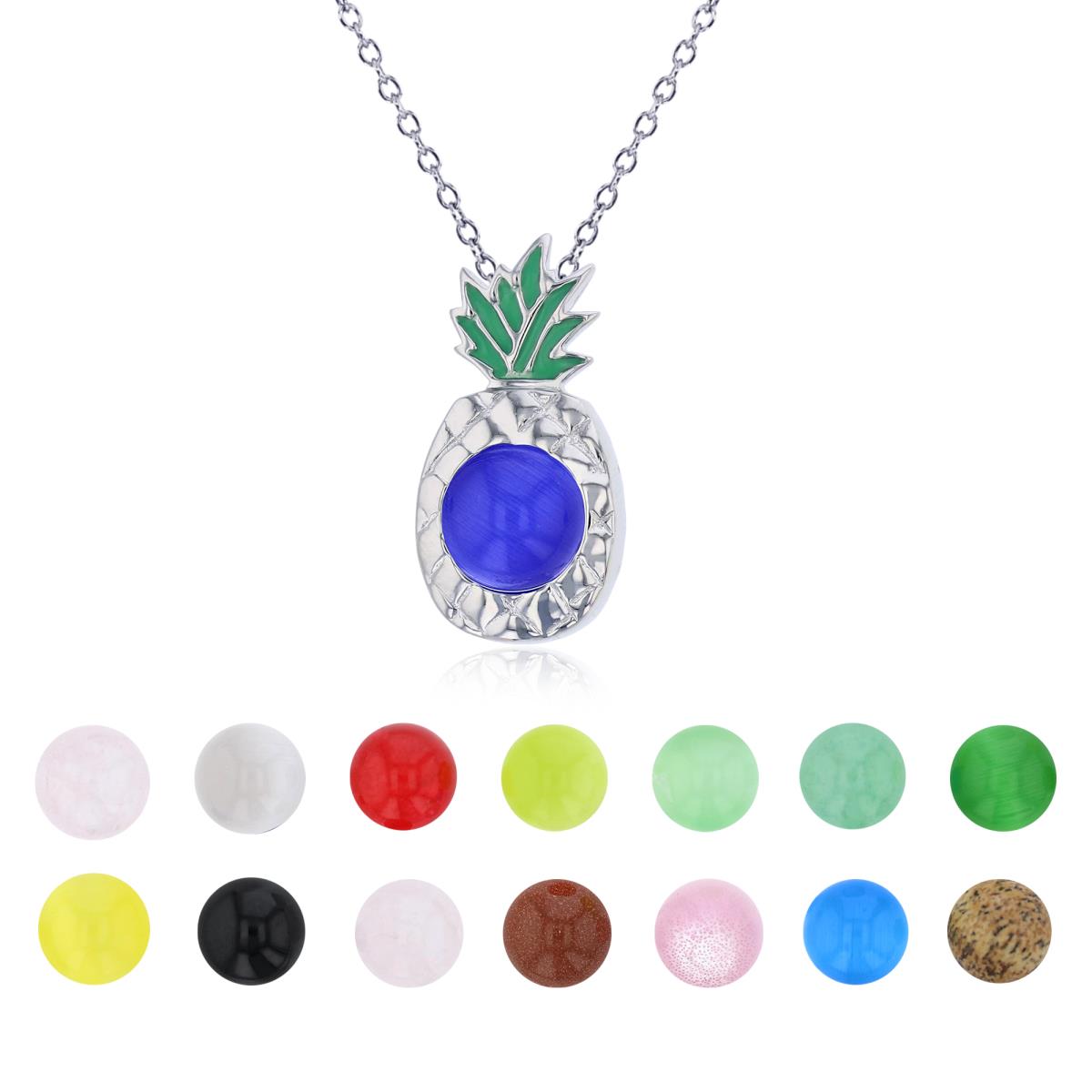 Sterling Silver Rhodium 14 Color Interchangeable Semi-Precious Gem Pineapple 13"+2" Necklace