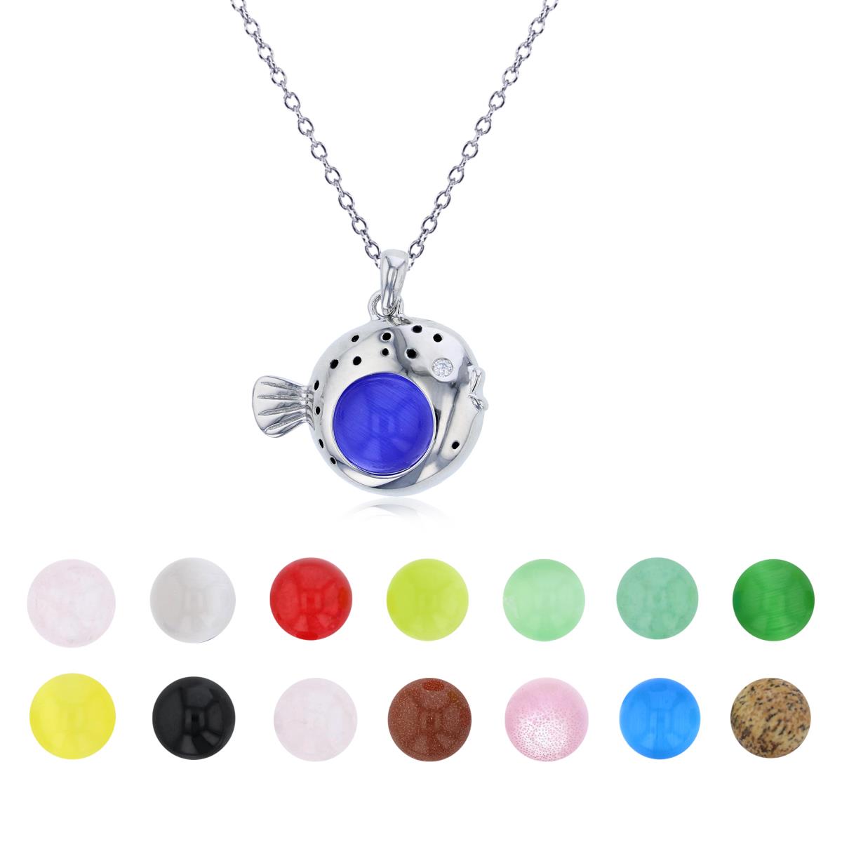 Sterling Silver Rhodium 14 Color Interchangeable Semi-Precious Gem Pufferfish 13"+2" Necklace