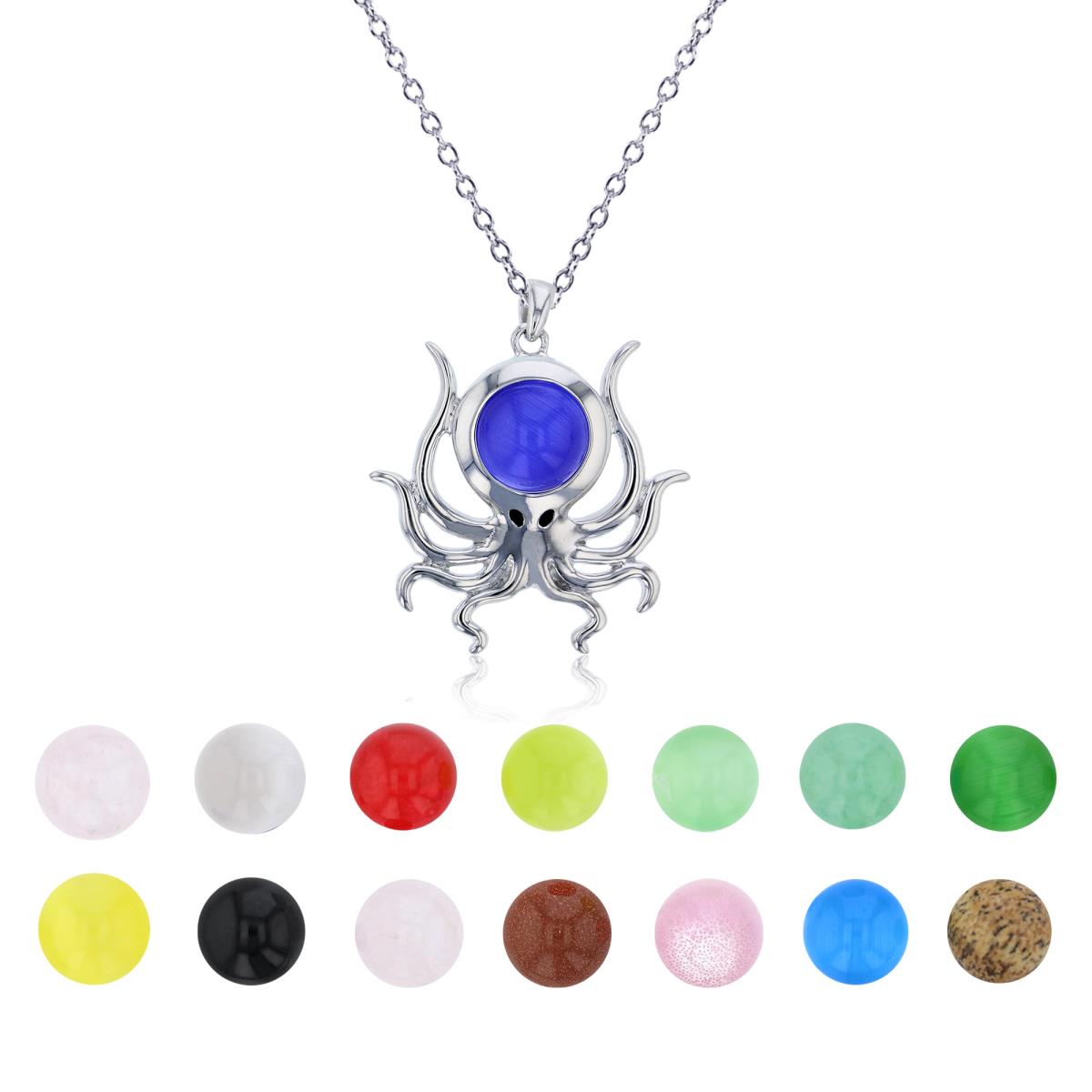 Sterling Silver Rhodium 14 Color Interchangeable Semi-Precious Gem Octopus 13"+2" Necklace