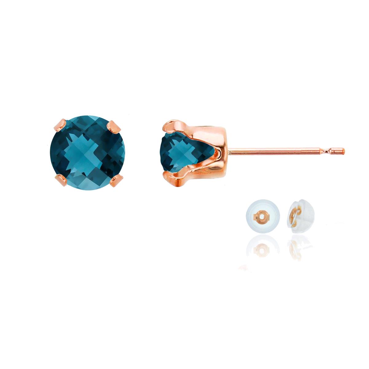 10K Rose Gold 6mm Round London Blue Topaz Stud Earring with Silicone Back