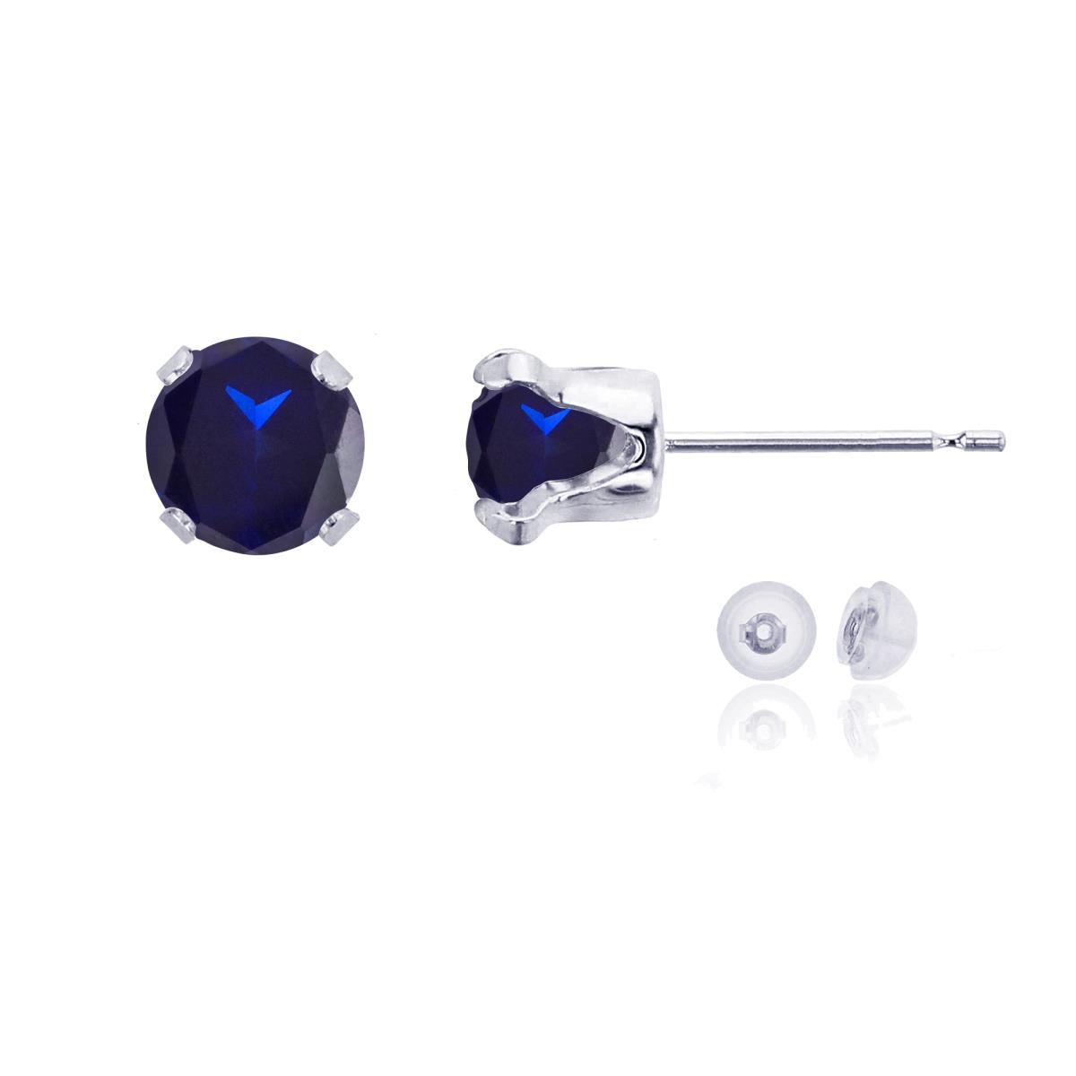 10K White Gold 6mm Round Cr Blue Sapphire Stud Earring with Silicone Back