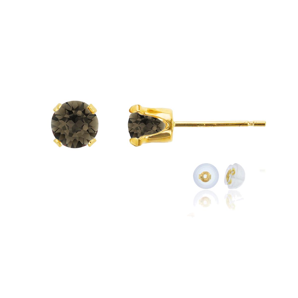 10K Yellow Gold 5mm Round Smokey Quartz Stud Earring with Silicone Back
