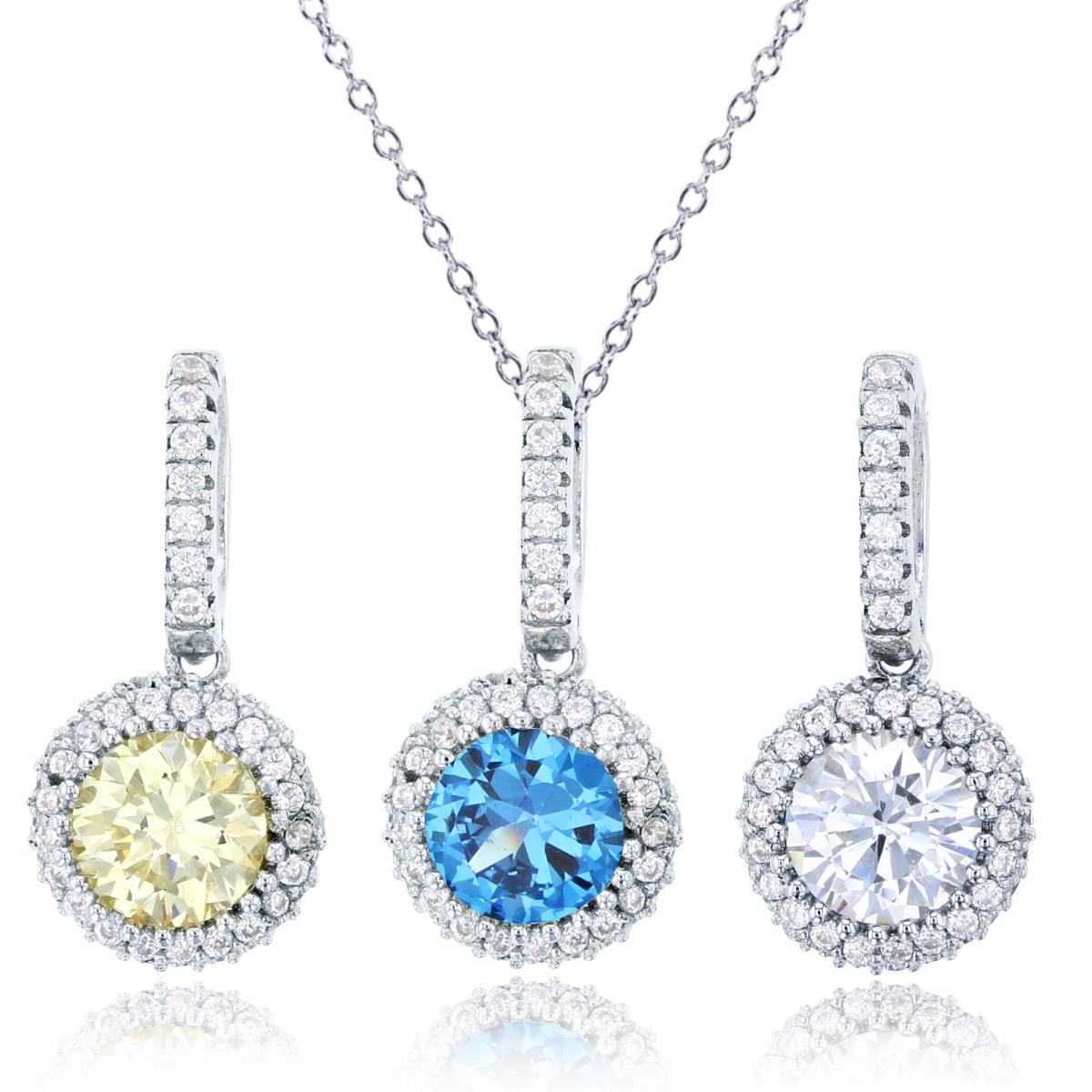 Sterling Silver Rhodium 6mm Rnd White, Yellow & Blue Spinel Puffy Set of 3 Pendants & 18" Chain