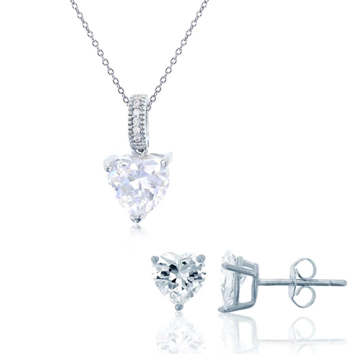 Sterling Silver Rhodium 8mm Heart Cut & Rd CZ 18" Necklace & 6mm Heart Solitaire Stud Earring Set