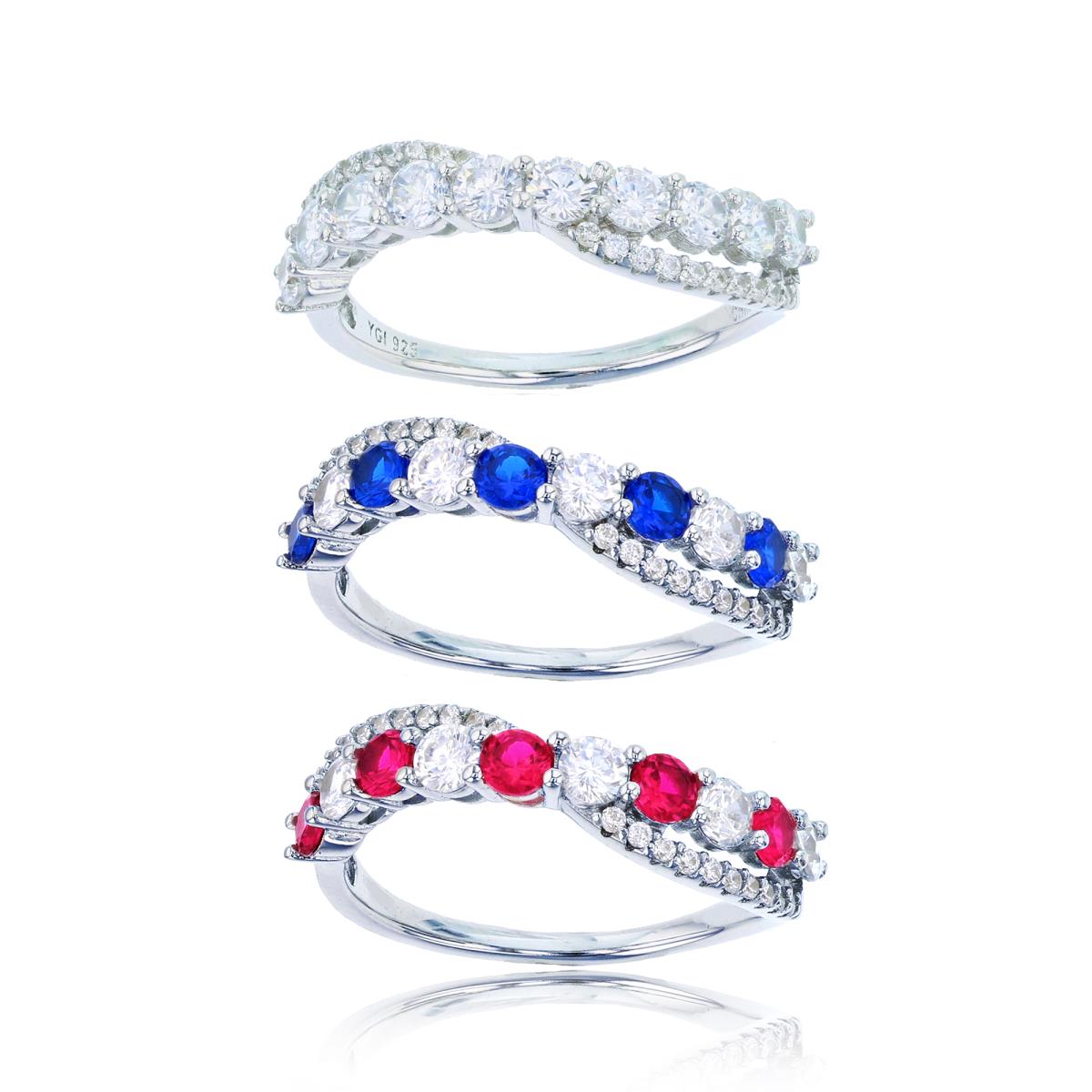 Sterling Silver Rhodium Rnd White,Blue Spinel & Ruby CZ Criss/Cross Band Set Of 3 Rings