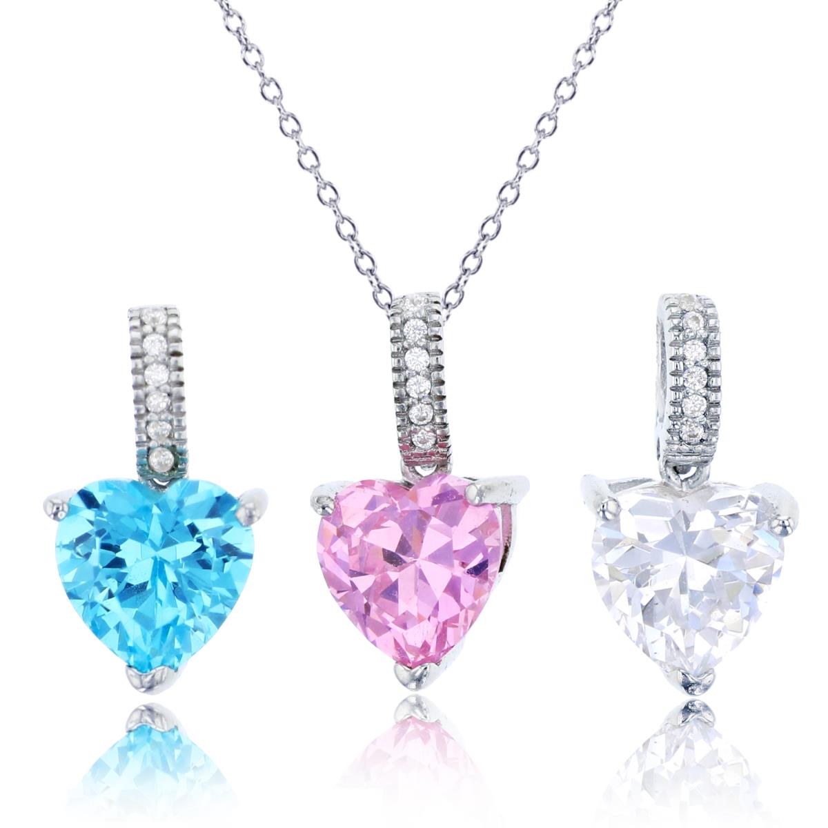 Sterling Silver Rhodium 8mm Heart Cut & Rd White, Pink & Blue CZ Set Of 3 Pendants & 18" Chain