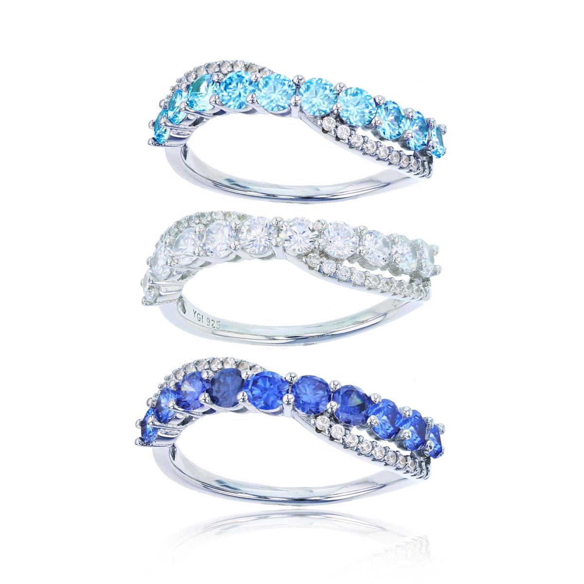 Sterling Silver Rhodium Rnd White, Tanzanite & Blue CZ Criss/Cross Set Of 3 Rings