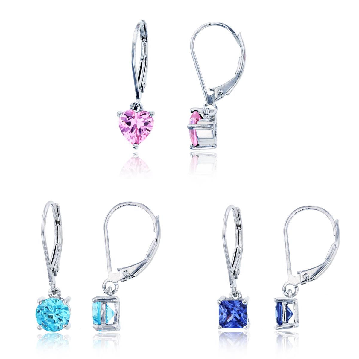 Sterling Silver Rhodium 6mm Rd Blue, 5mm Sq Tanzanite & 6mm Heart Pink Solitaire Leverback Earring Set