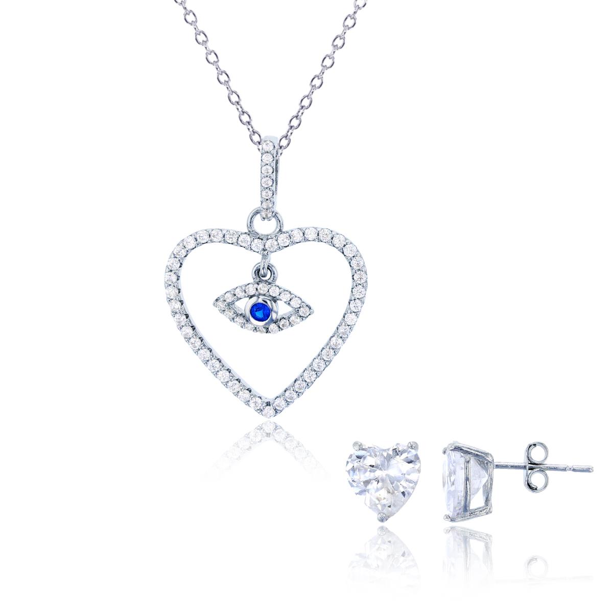 Sterling Silver Rhodium Rd Blue Sapphire & White CZ Evil Eye Heart 18" Necklace & 8mm Heart Solitaire Stud Earring Set