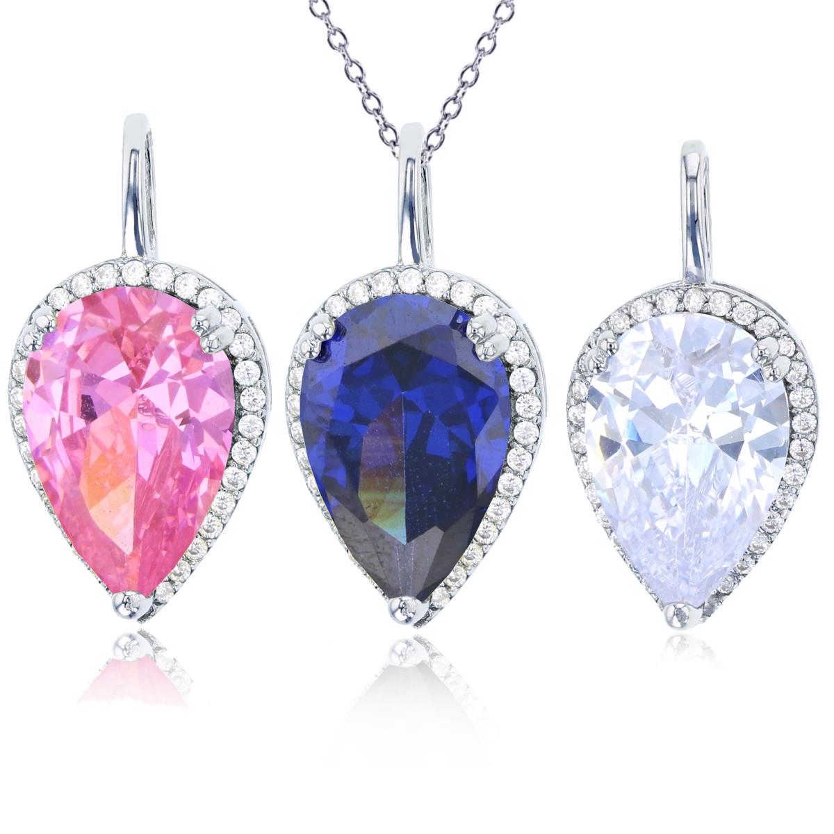 Sterling Silver Rhodium 15x10mm White, Pink & Sapphire Pear & Rd CZ Halo Set Of 3 Pendants & 18" Chain