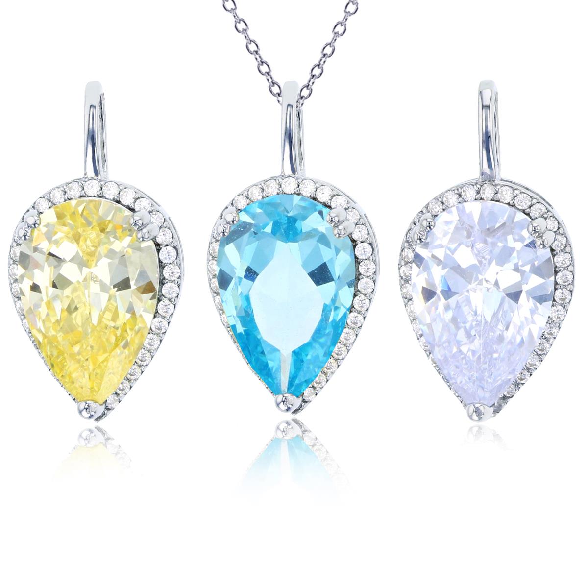 Sterling Silver Rhodium 15x10mm White, Yellow & Blue Pear & Rd CZ Halo Set Of 3 Pendants & 18" Chain