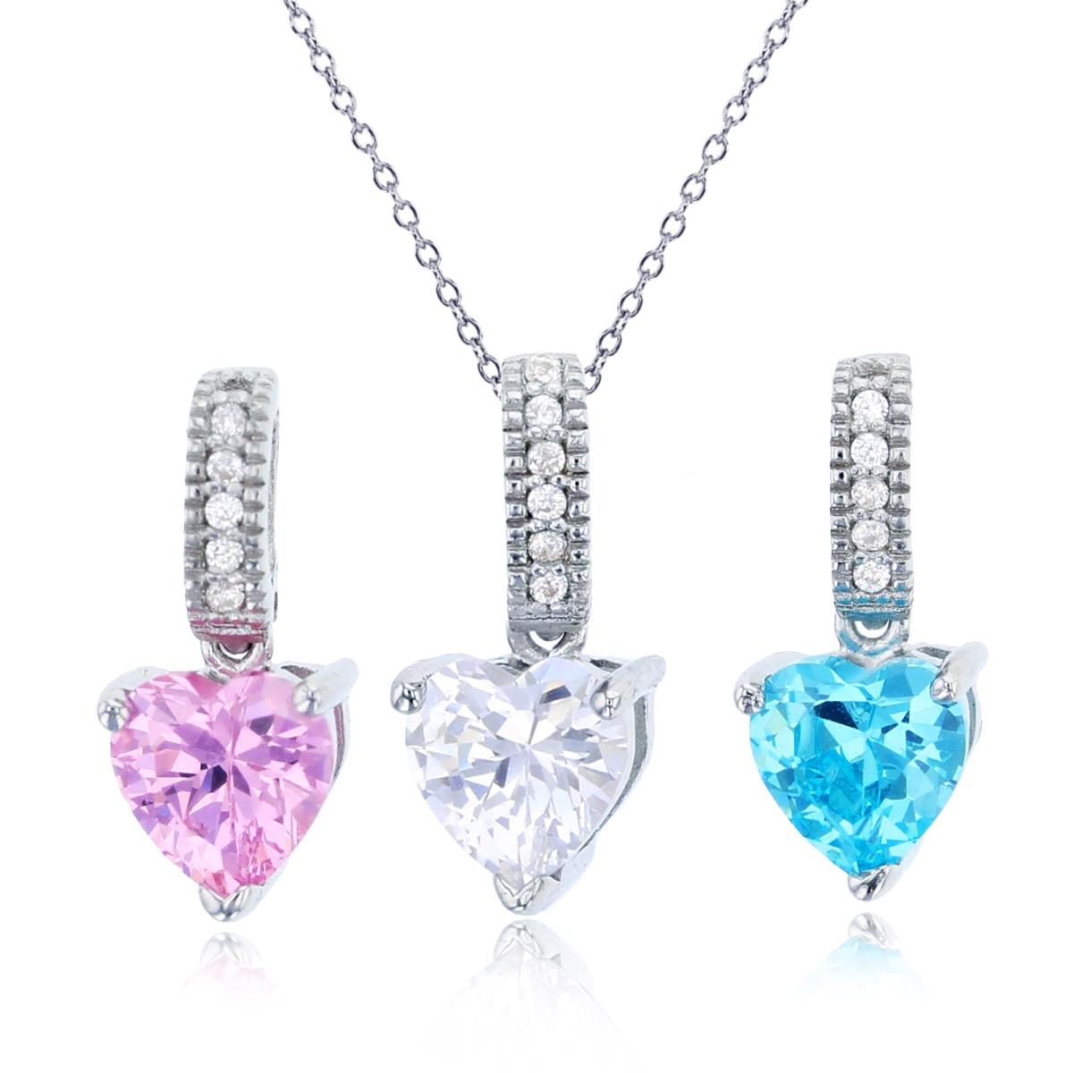 Sterling Silver Rhodium 6mm White, Blue & Pink Heart Cut Set Of 3 Pendants & 18" Chain