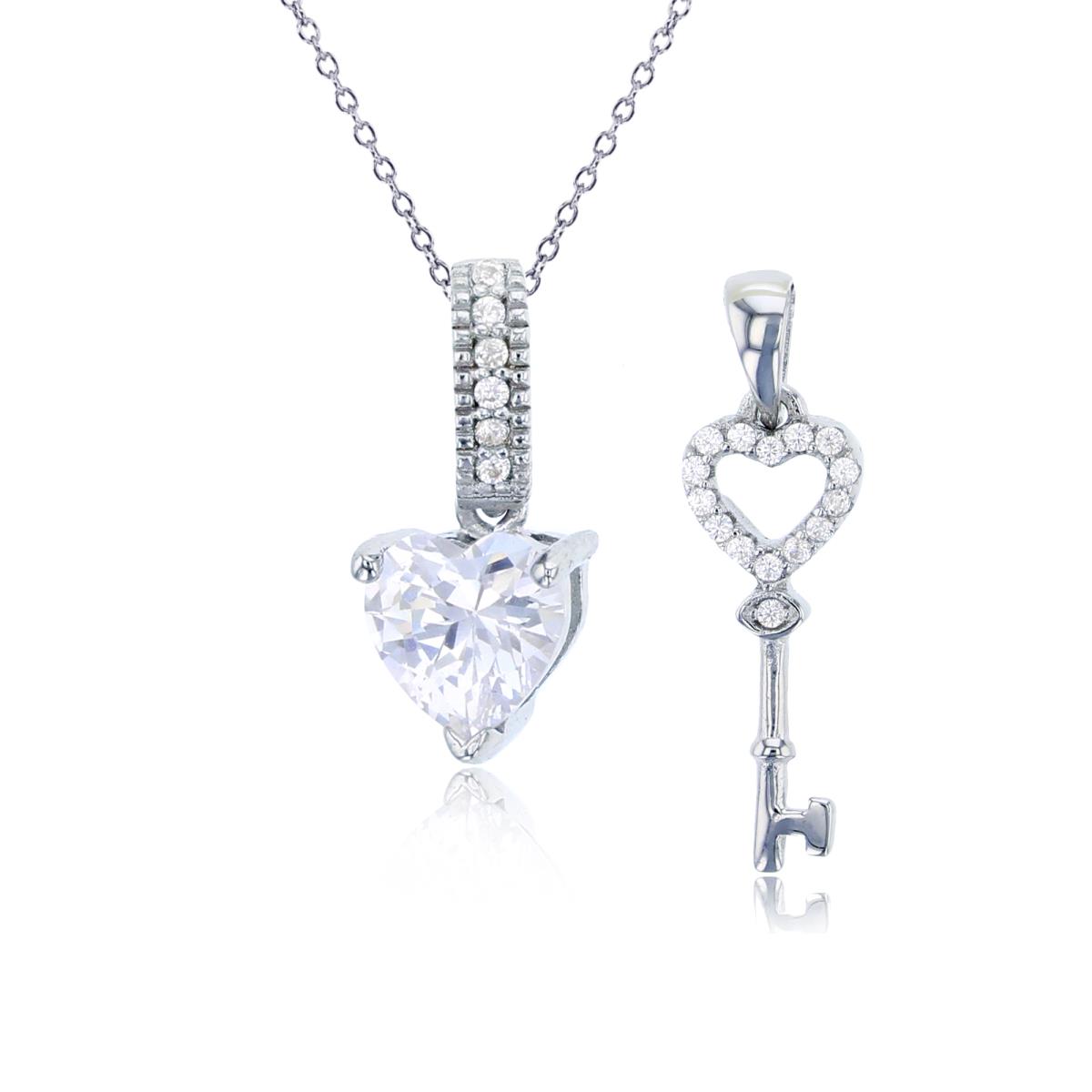 Sterling Silver Rhodium Rd CZ Heart Key & 6mm Heart Cut Set of 2 Pendants with 18" Chain