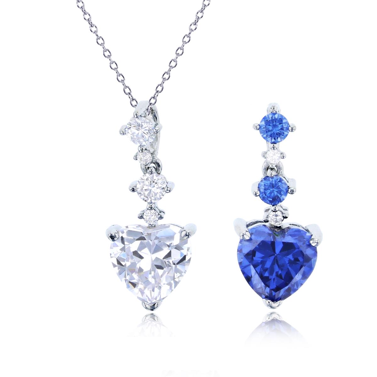 Sterling Silver Rhodium 8mm White & Tanzanite Heart & Rd CZ Set Of 2 Pendants with 18" Chain