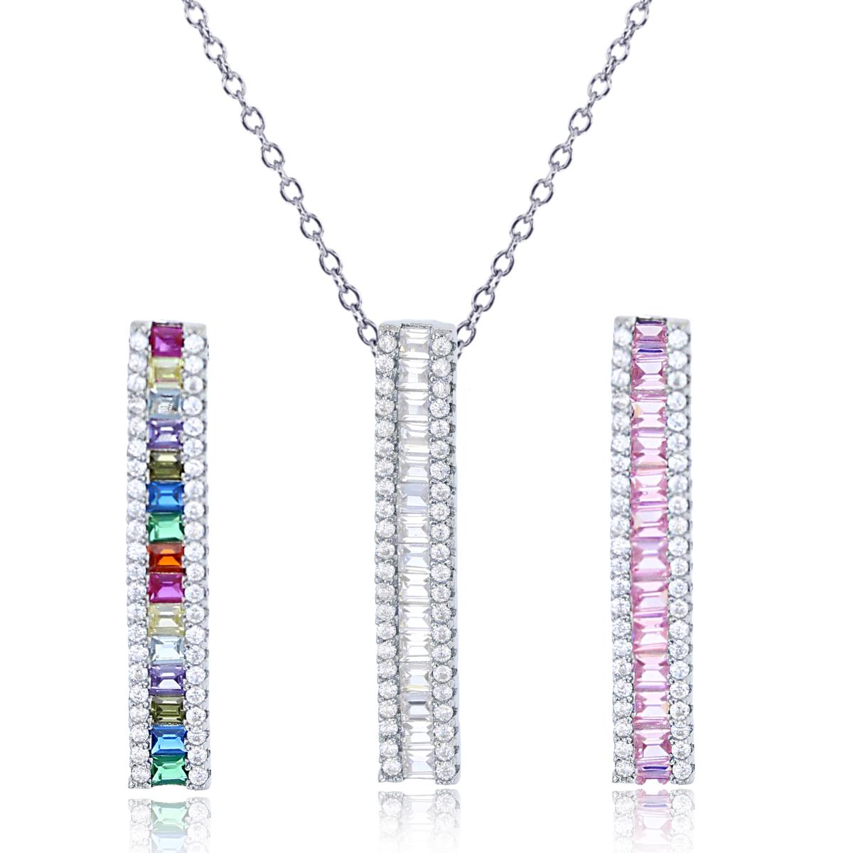Sterling Silver Rhodium White, Pink & Multi Color SB & Rnd White CZ Vertical Set Of 3 Pendants with 18" Chain