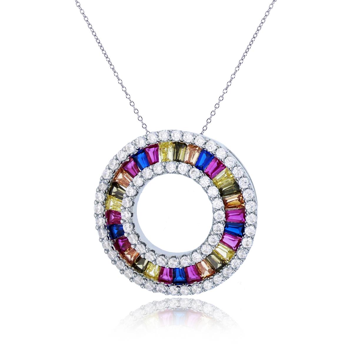 Sterling Silver Rhodium Micropave White Rd Cut & Multi Color Baguette CZ Open Cirlce 18" Necklace