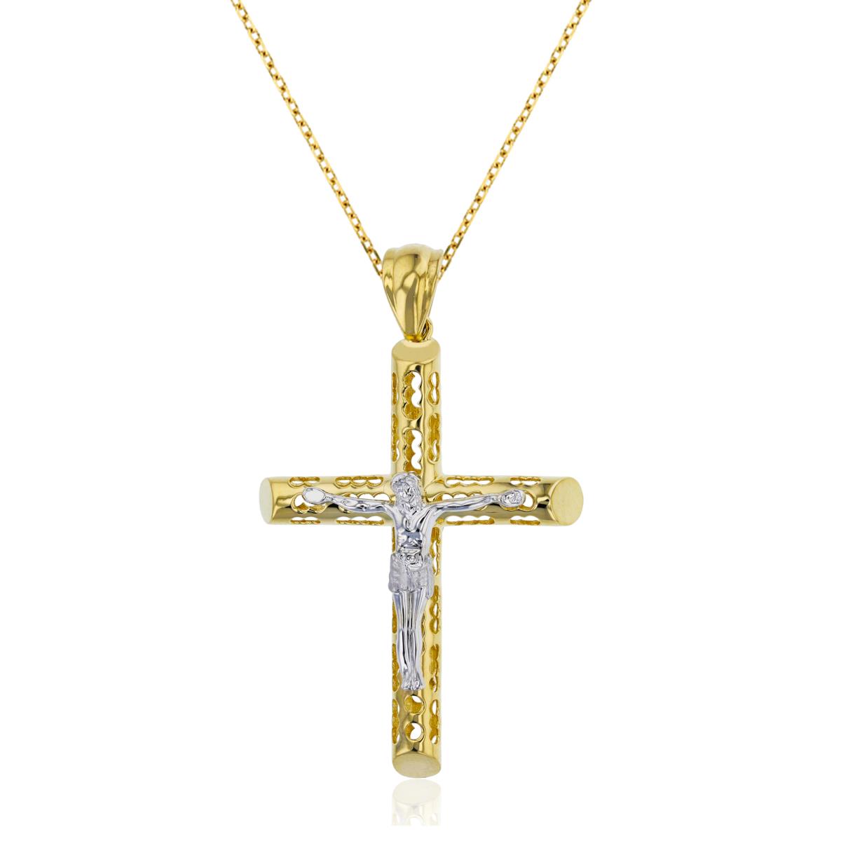 14K Yellow & White Gold 45x28MM Cut Out Tuby Cross 20" Cable Chain Necklace