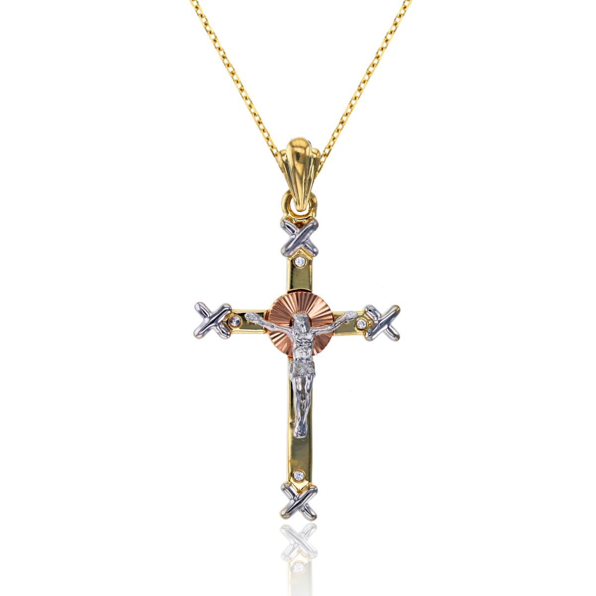 14K Tricolor Gold Pave Sunburst Crucifix 20" Cable Chain Necklace