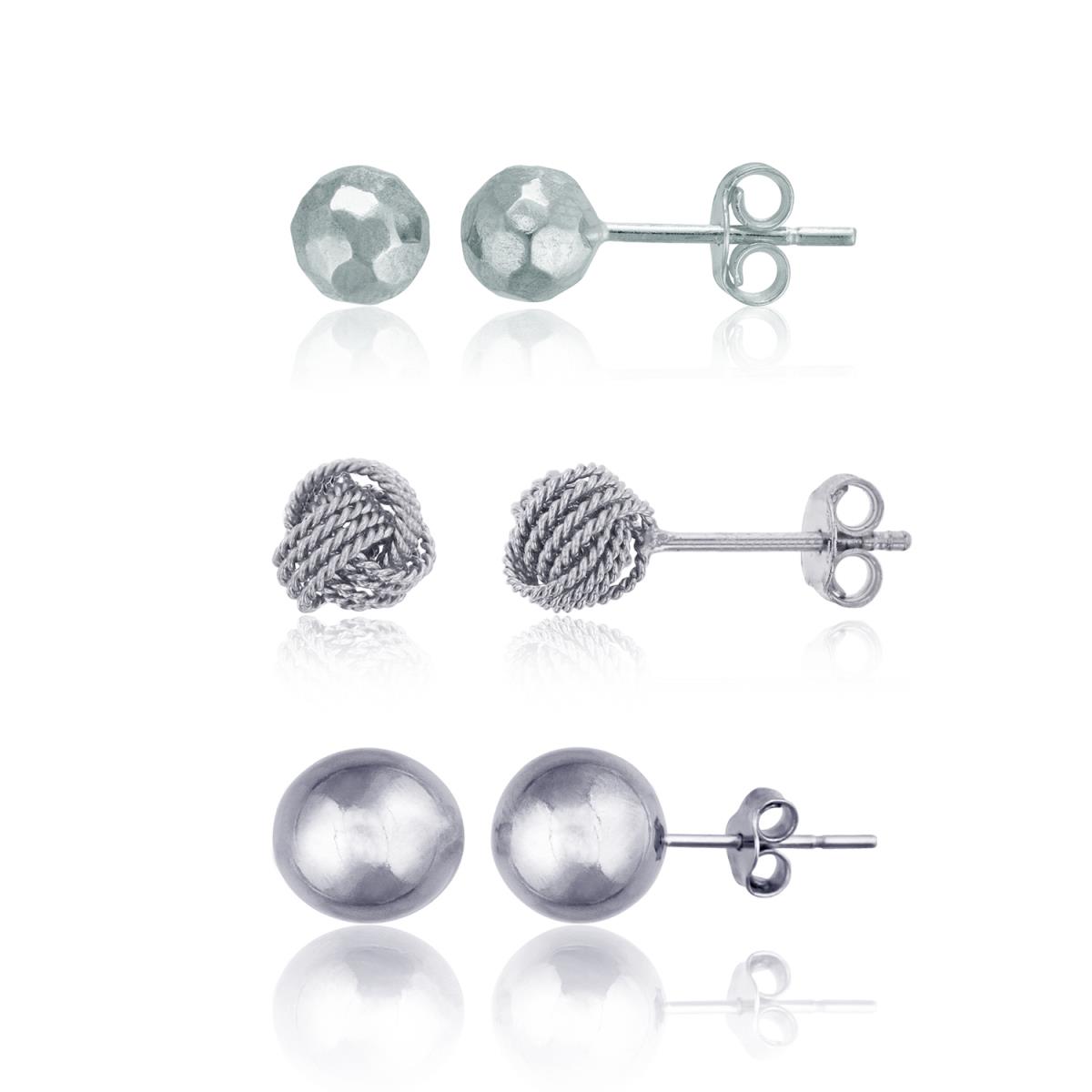 Sterling Silver Rhodium 6mm Love Knot, Disco Ball & High Polish Ball Stud Earring Set