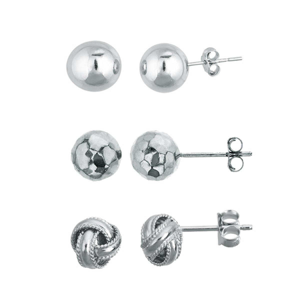 Sterling Silver Rhodium Love Knot, 8mm Disco Ball & High Polished Ball Stud Earring Set