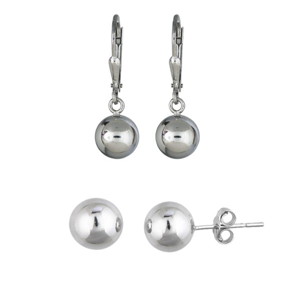 Sterling Silver Rhodium 6mm Dangling Bead Leverback & 6mm High Polish Ball Stud Earring Set