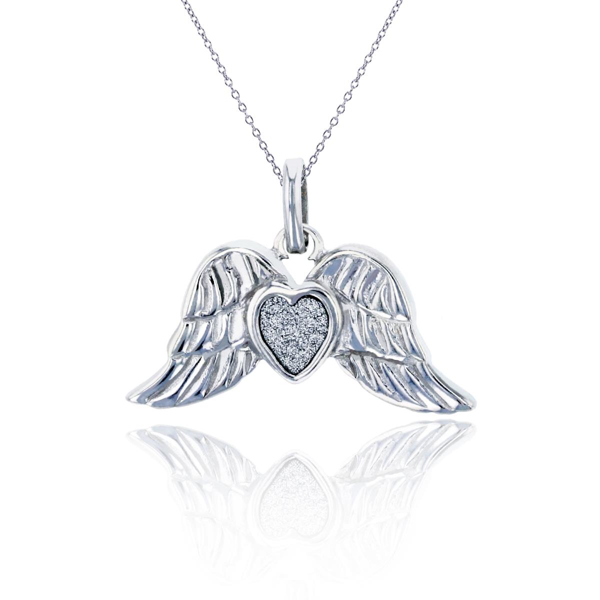 Sterling Silver Rhodium Wings Heart Shape Glitter 18" Necklace