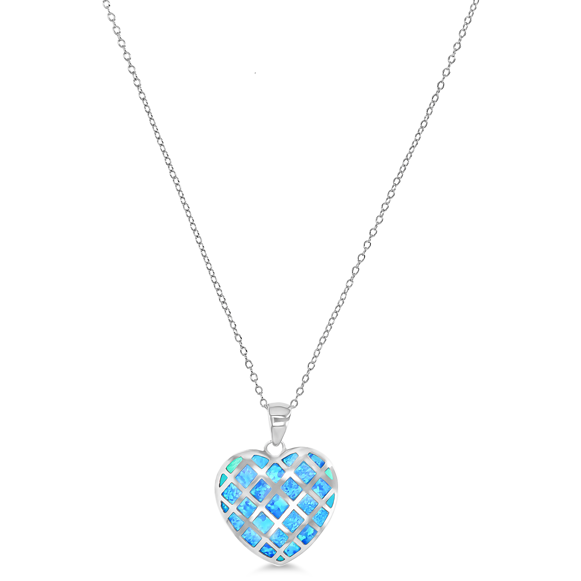 Sterling Silver Rhodium 25x19mm Created Blue Opal Basketweave Heart 16