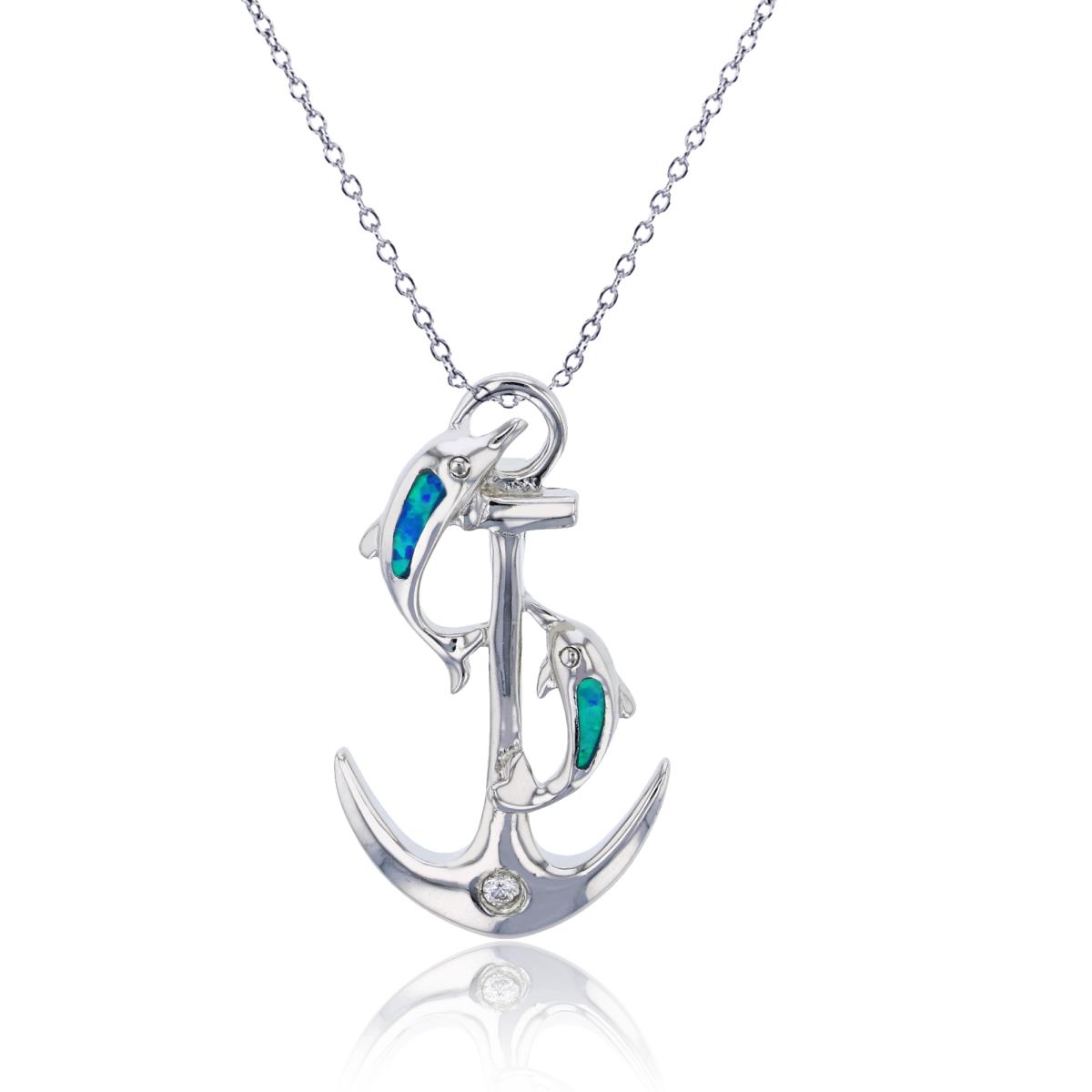 Sterling Silver Rhodium Created Blue Opal & White CZ Dolphins and Anchor 16''+2