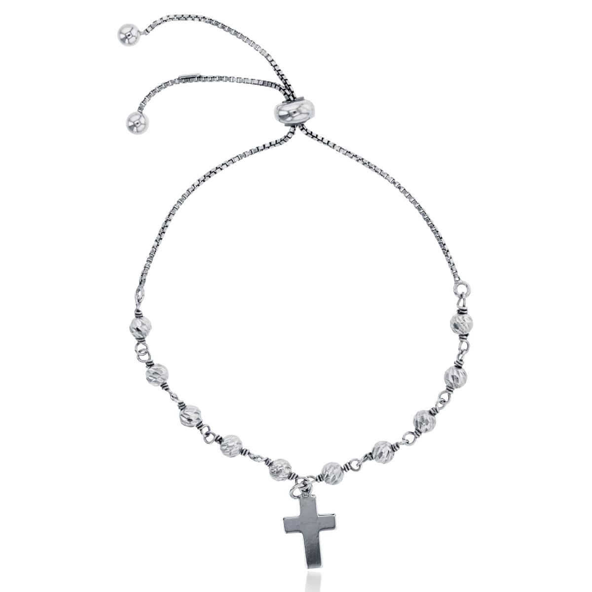 Sterling Silver Rhodium DC Beaded Cross Adjustable Bracelet