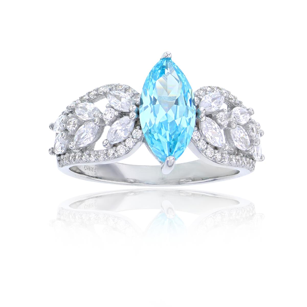 Sterling Silver Rhodium 12x4mm Light Blue Marquise Cut CZ Branch Sides Engagement Ring