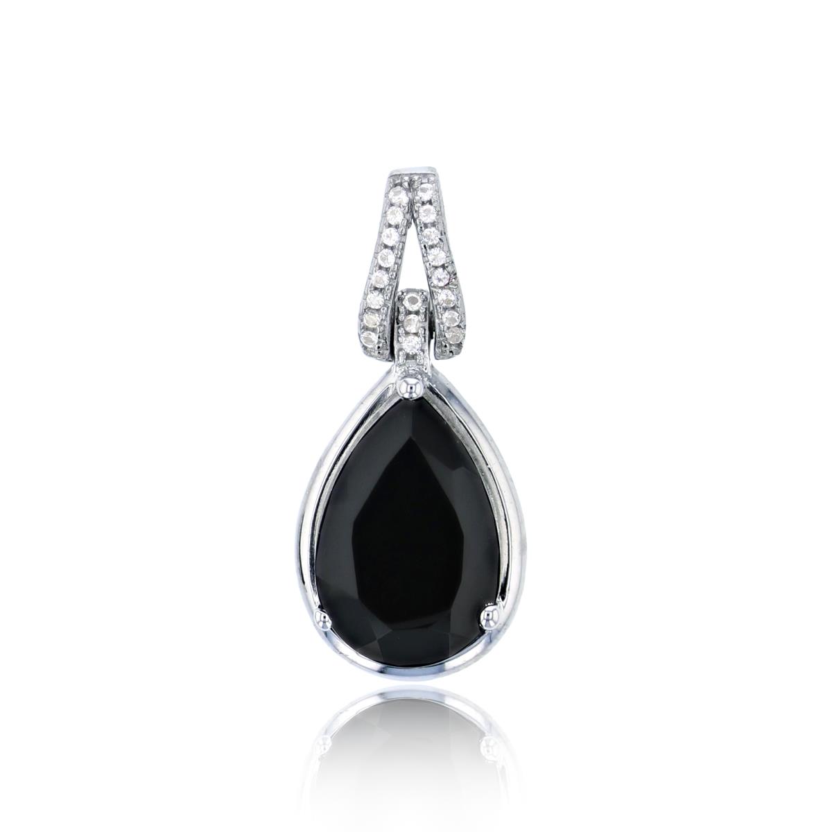 Sterling Silver Rhodium Created White Sapphire & 12x8mm PS Onyx Pear-Shape Dangling 18" Neckalce