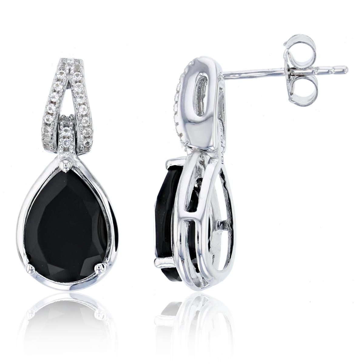 Sterling Silver Rhodium White Topaz & 10x7mm PS Onyx Dangling Earring