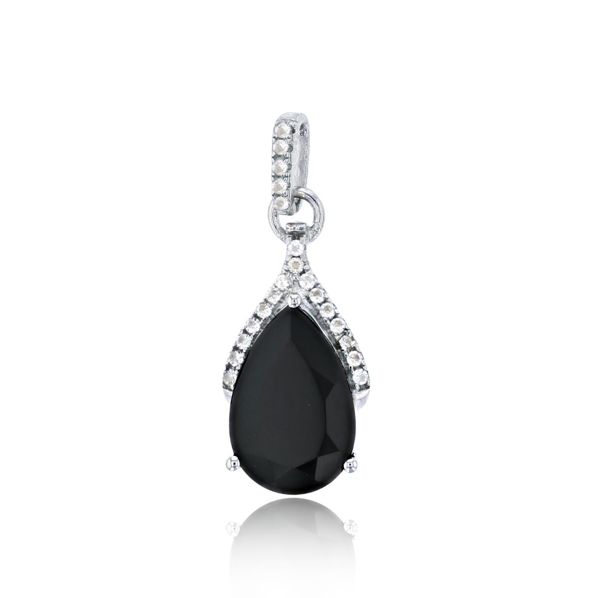 Sterling Silver Rhodium 12x8mm PS Onyx & Rnd Created White Sapphire Dangling 18" Necklace