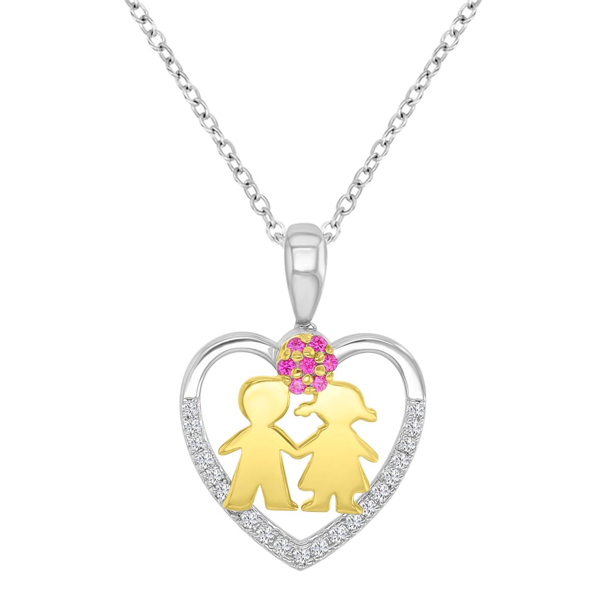 Sterling Silver Rhodium & 1Micron 14ky Gold Plating Rnd Cr Ruby & Cr White Sap Heart with Boy/Girl 18"Necklace