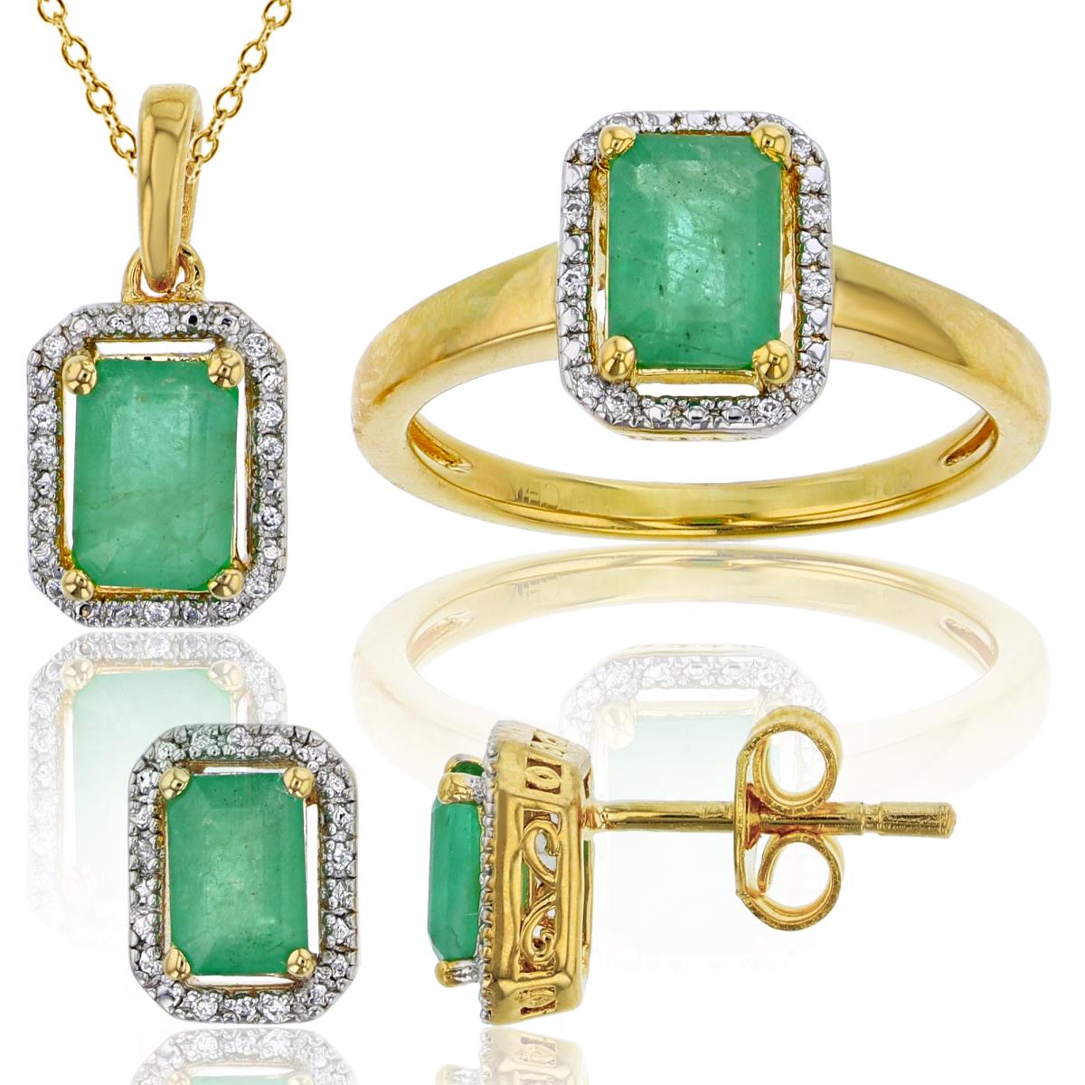 Sterling Silver 1Micron 14ky Gold Plating 0.10 CTTW Rnd Diamonds & Octag Emerald Ring/Earring/Necklace Halo Set
