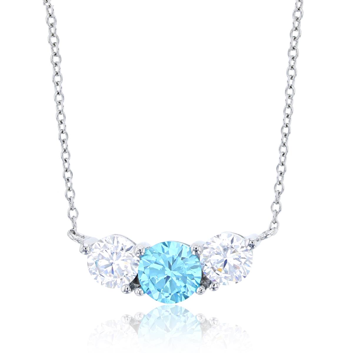 Sterling Silver Rhodium Light Blue & White Triple Rd CZ 18"+2" Necklace