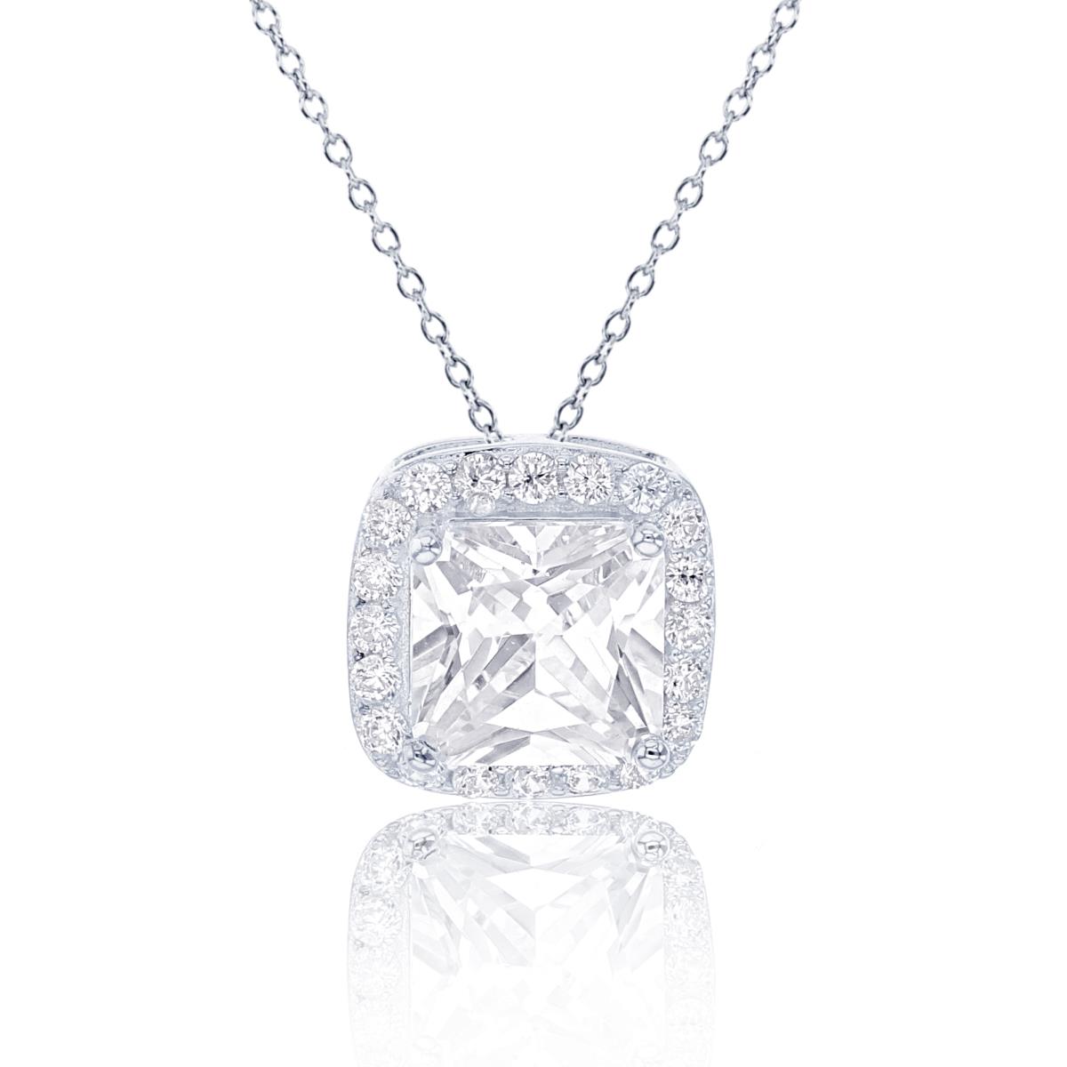 Sterling Silver Rhodium 8mm Square CZ Halo 18" Necklace