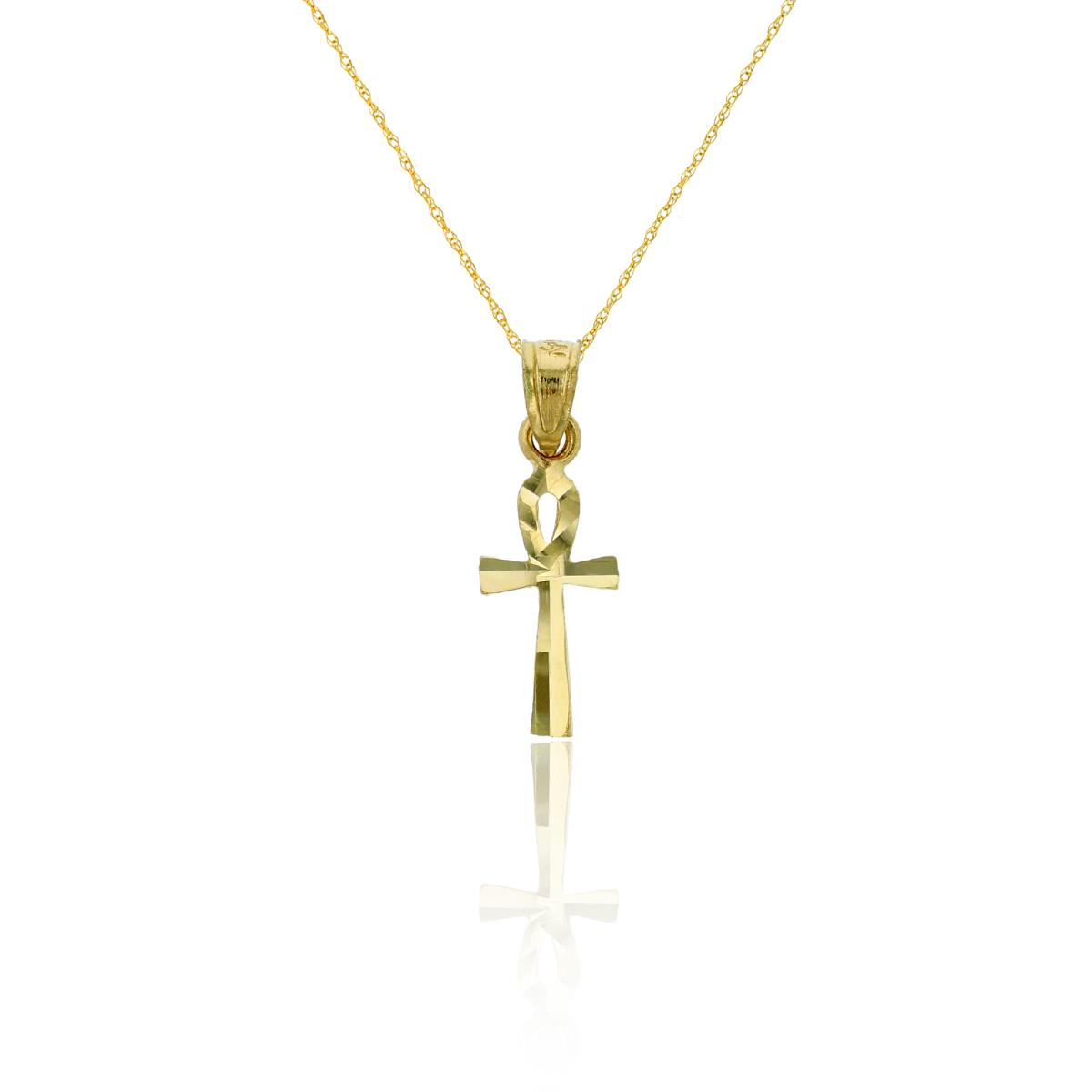 14K Yellow Gold Diamond Cut Small Ankh Cross 18" Rope Chain Necklace