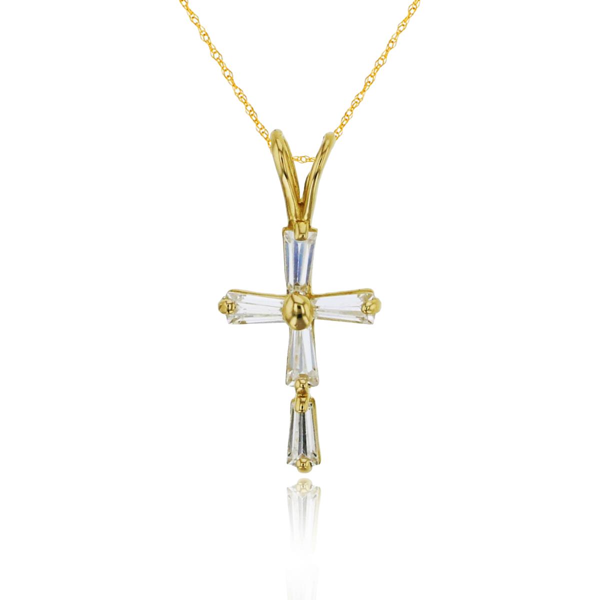 14K Yellow Gold 16x7mm Baguette CZ Petite Cross Double Bail 18" Rope Chain Necklace