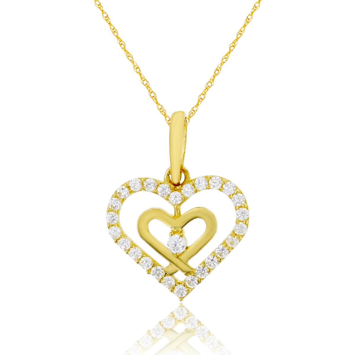 14K Yellow Gold Micropave CZ & Polished Double Open Hearts 18" Rope Chain Necklace