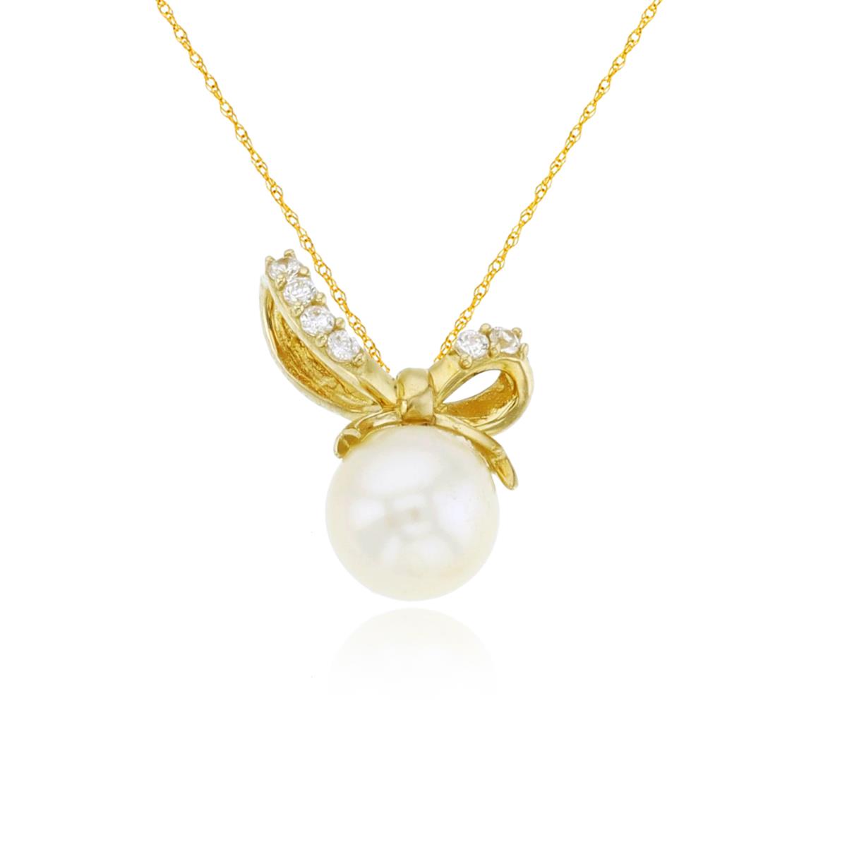 14K Yellow Gold 5mm Freshwater Pearl with Micropave CZ Bow Knot 18" Rope Chain Necklace