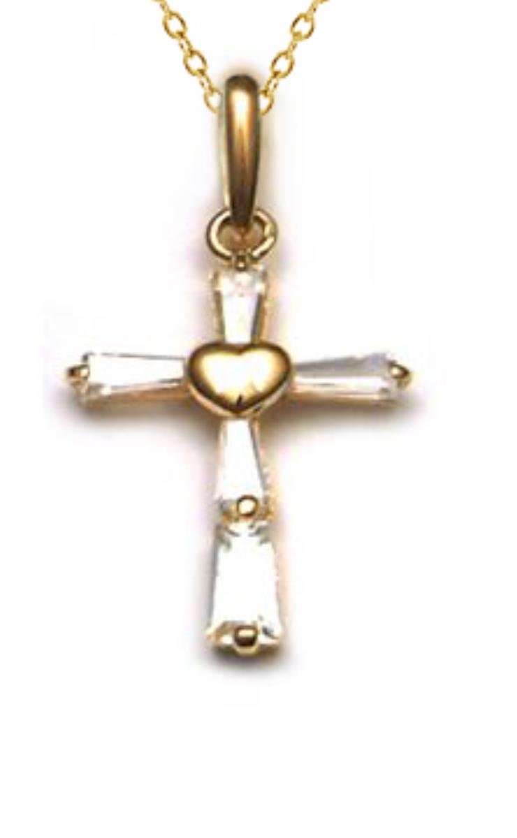 14K Yellow Gold Tapered Baguette Cut Heart Center Cross 18" Rope Chain Necklace