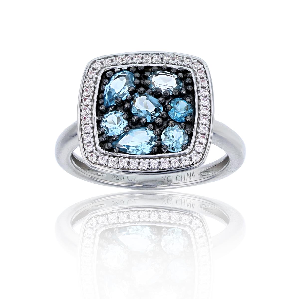 Sterling Silver Black & White 0.12 CTTW Rnd Diam & Multicolor Blue Topaz Cushion Ring