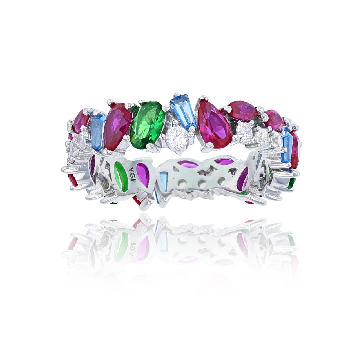 Sterling Silver Rhodium Multi Color Multi Cut CZ Scattered Eternity Ring