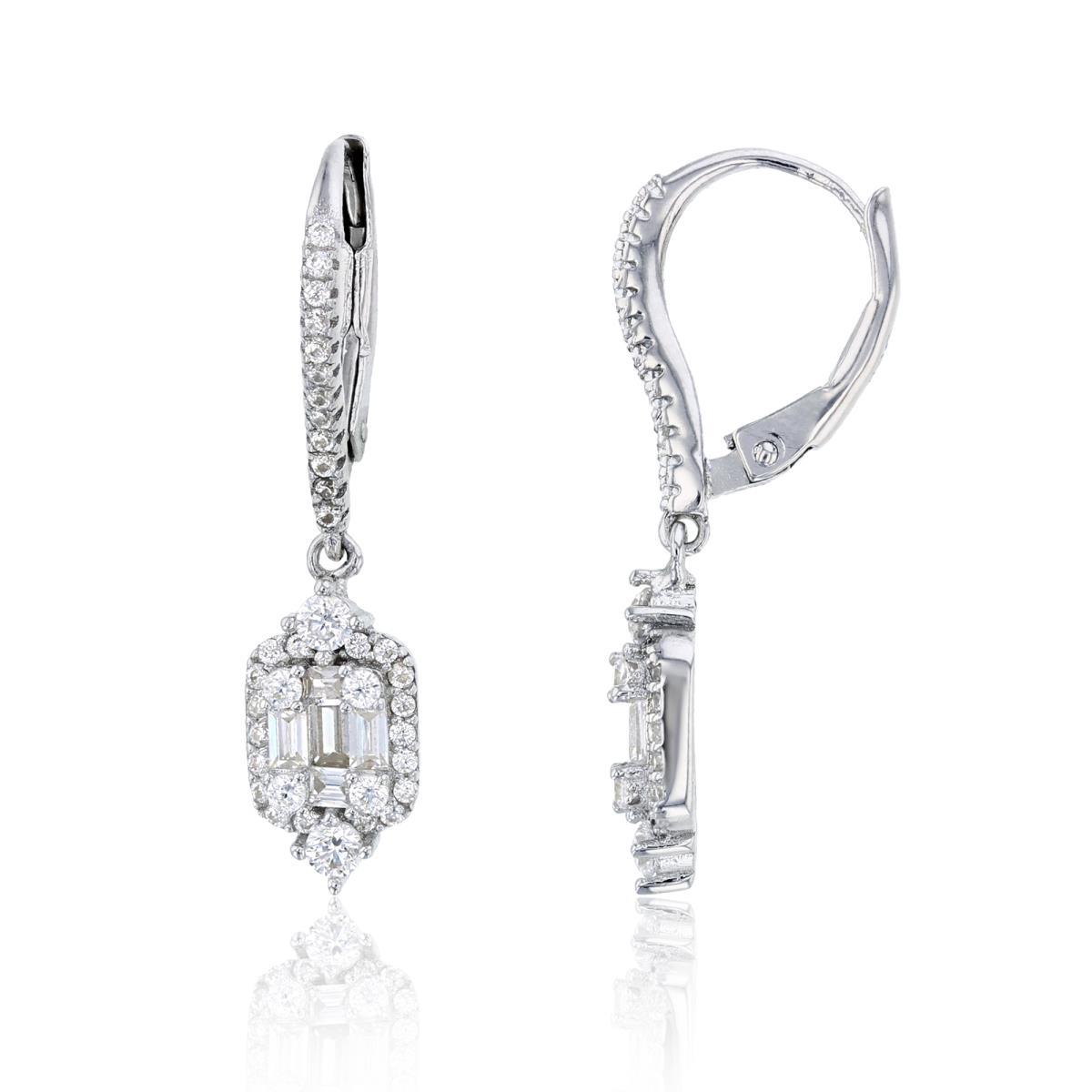 Sterling Silver Rhodium Round & Baguette CZ Dangling Leverback Earring