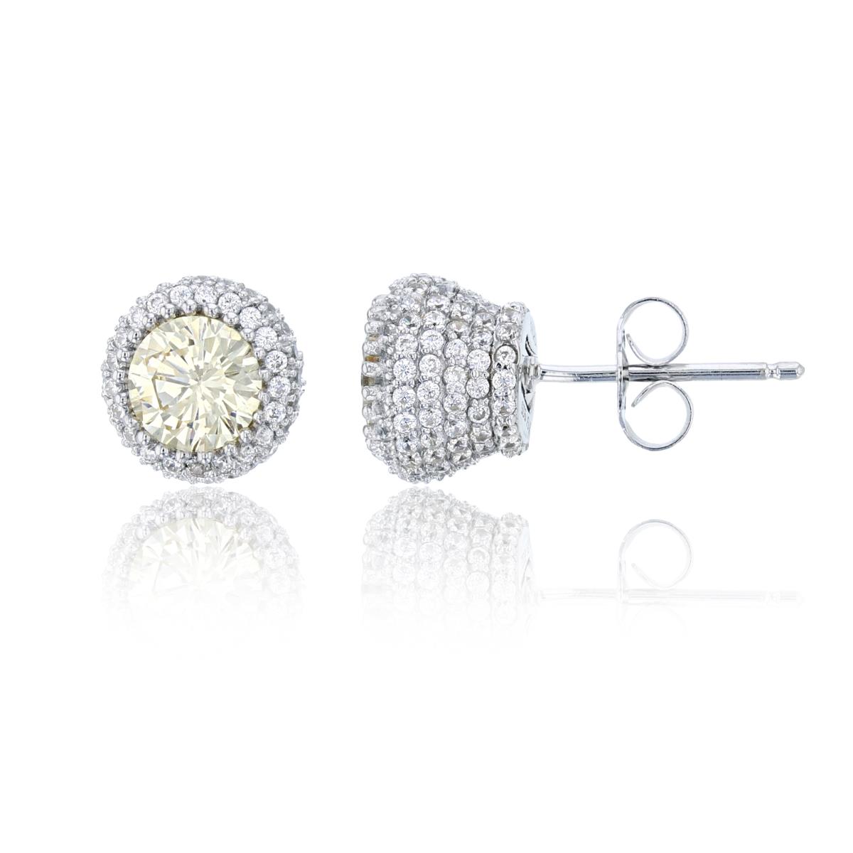 Sterling Silver Rhodium 6mm Canary Yellow Round Cut CZ Micropave Stud Earring